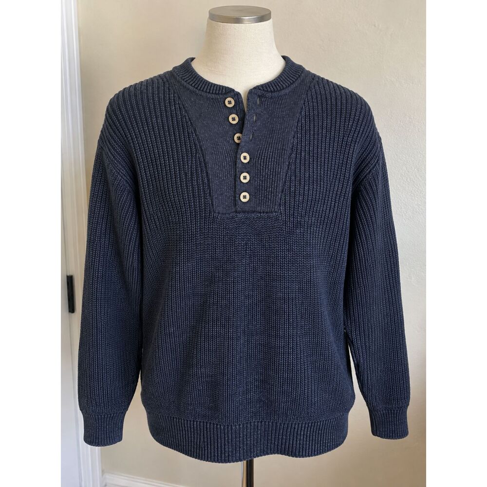 Vintage Eddie Bauer Men’s Navy Henley Sweater Large Cotton Blend Grandpa Knit 16